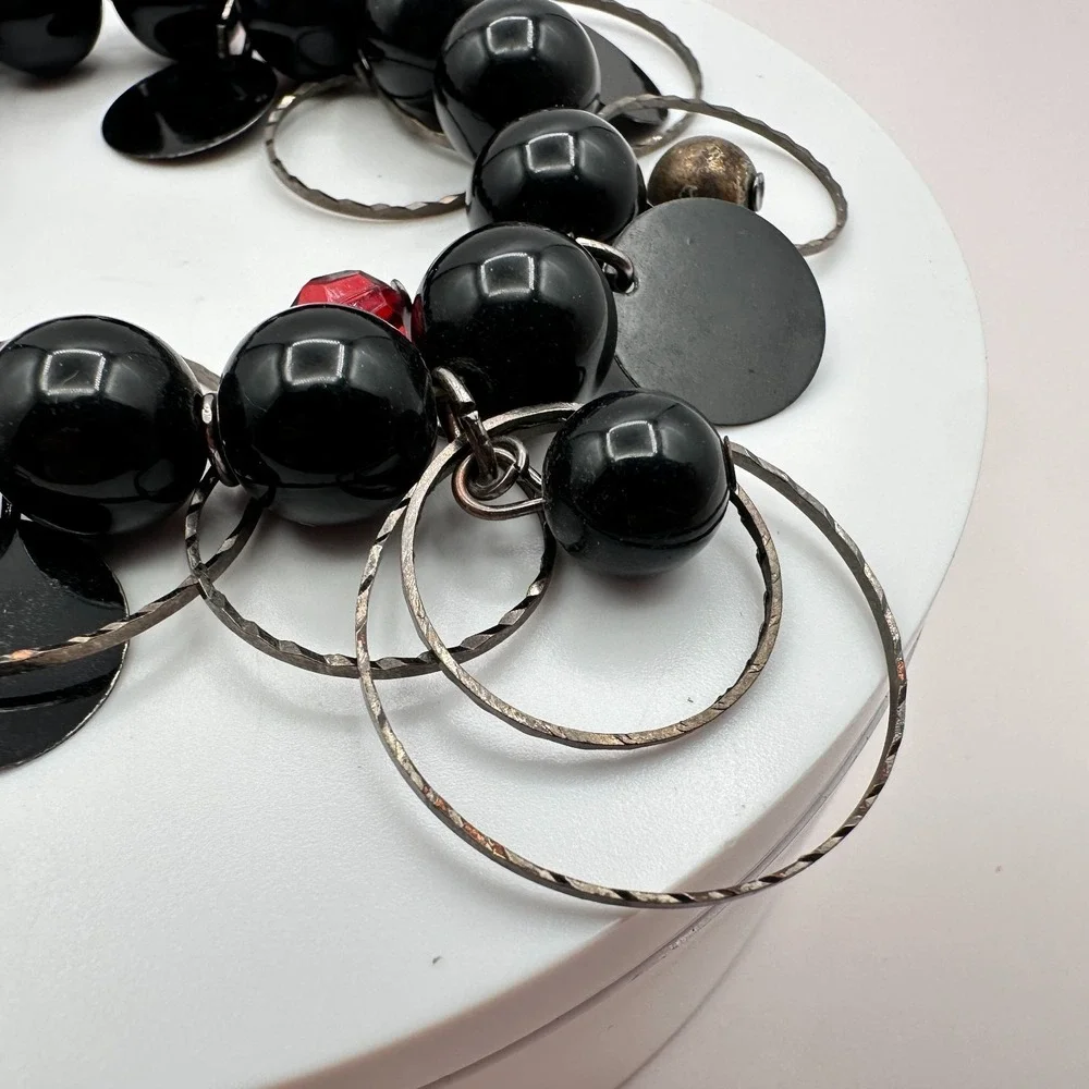 Vintage 90s Silver Tone Black Beaded Charm Bracelet Women's Jewelry